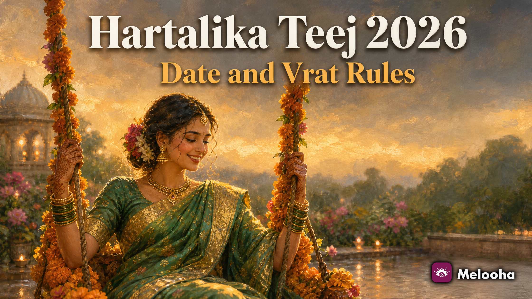 A woman in a green sari offering flowers before clay figures of Shiva and Parvati at dawn