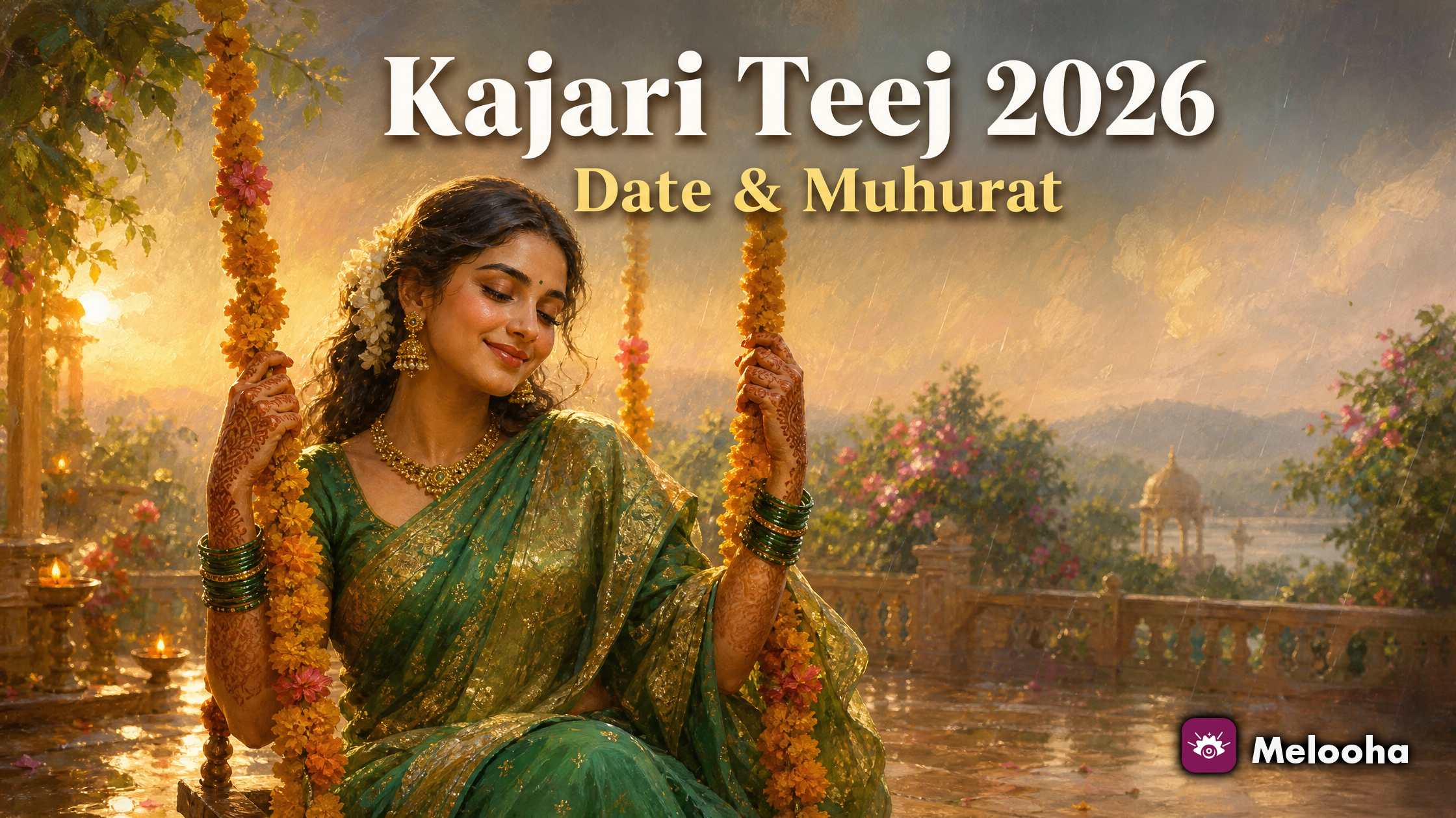 Women in green bangles and lehariya saris swinging on a decorated jhoola under a monsoon sky with a rising moon