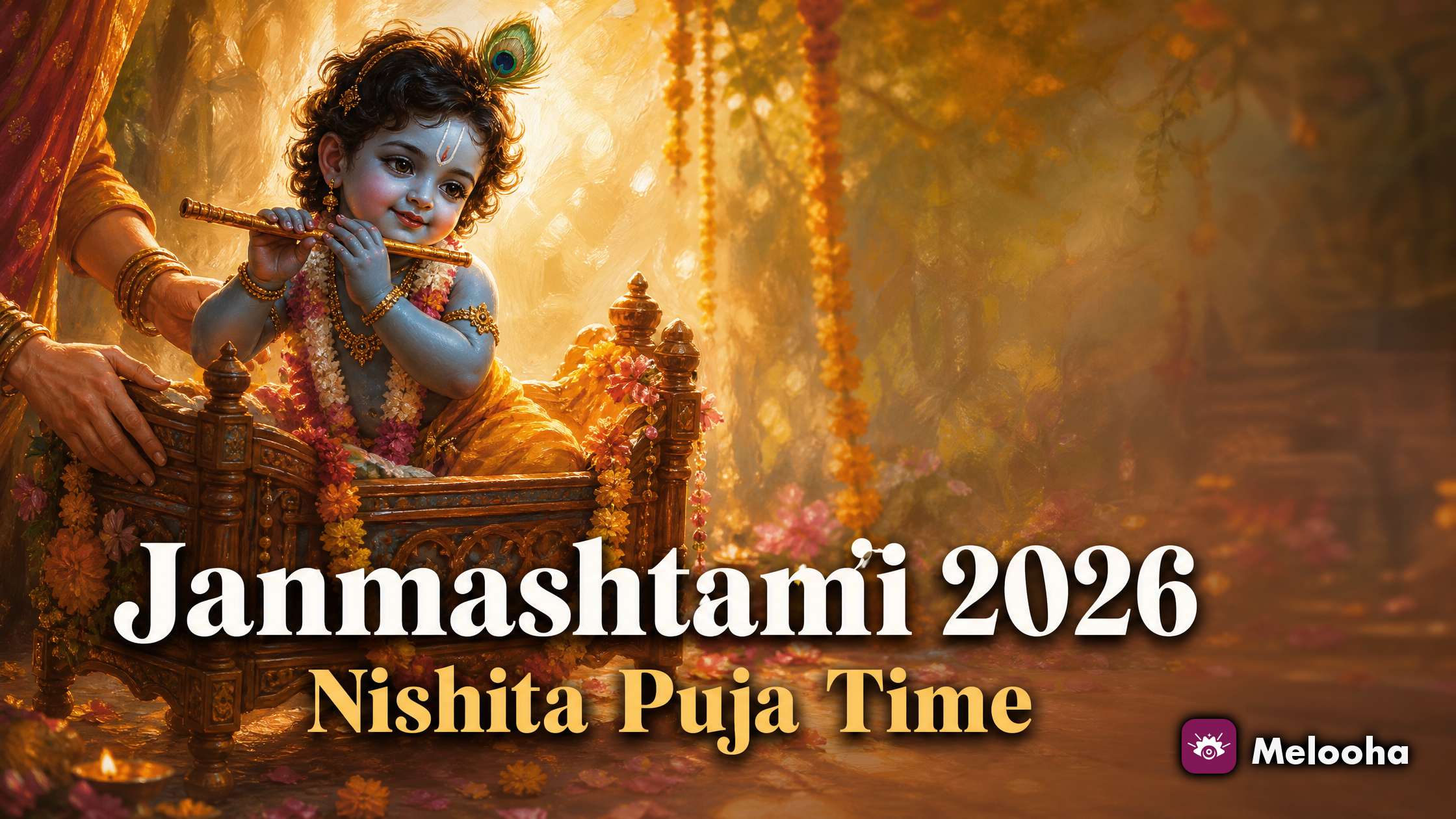 Baby Krishna idol resting in a decorated cradle under soft lamplight at midnight, with a pot of butter and a flute beside it