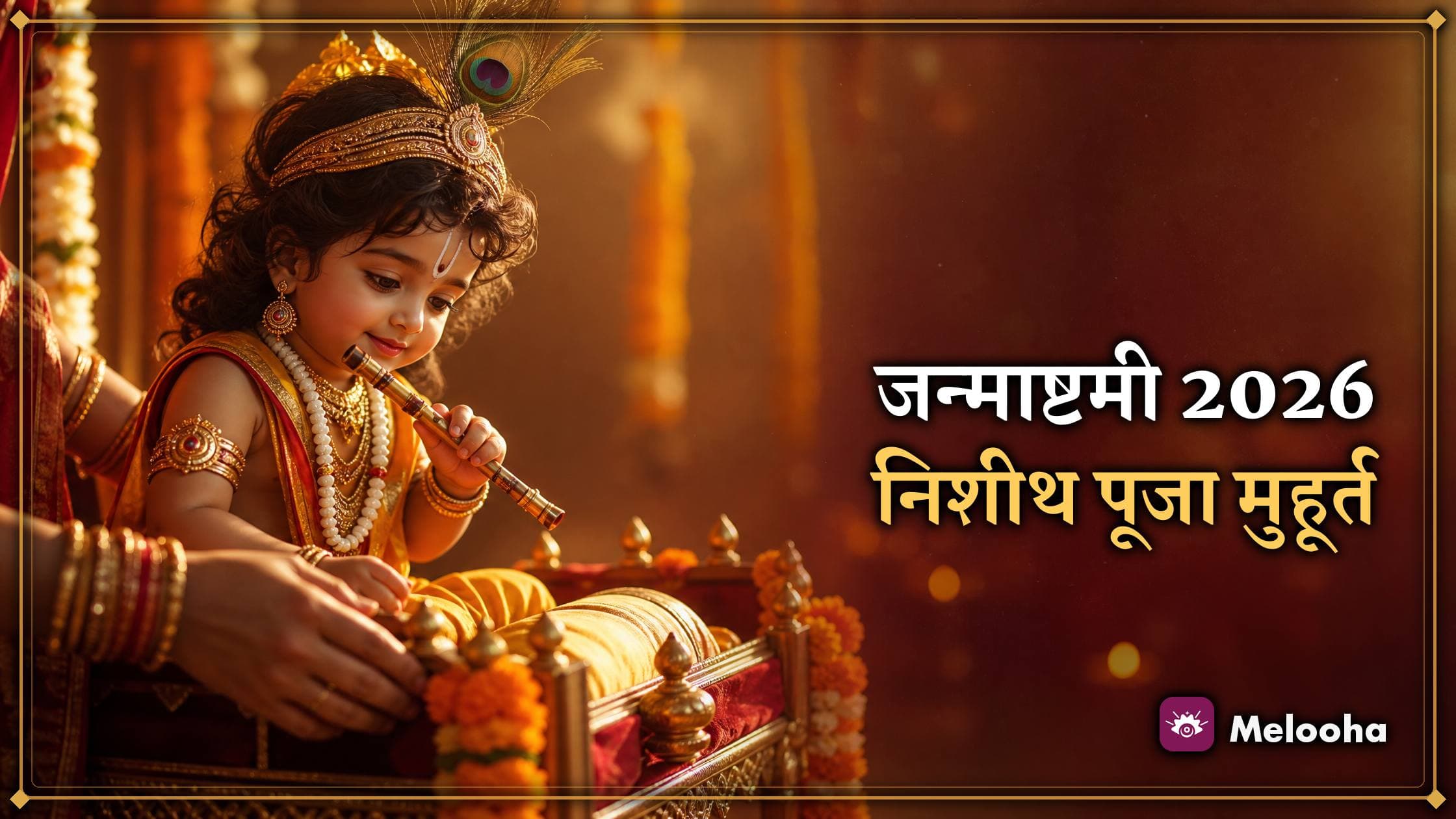 आधी रात को दीपों की रोशनी में फूलों से सजे पालने में लेटे बाल कृष्ण, पास में माखन की मटकी और मोरपंख