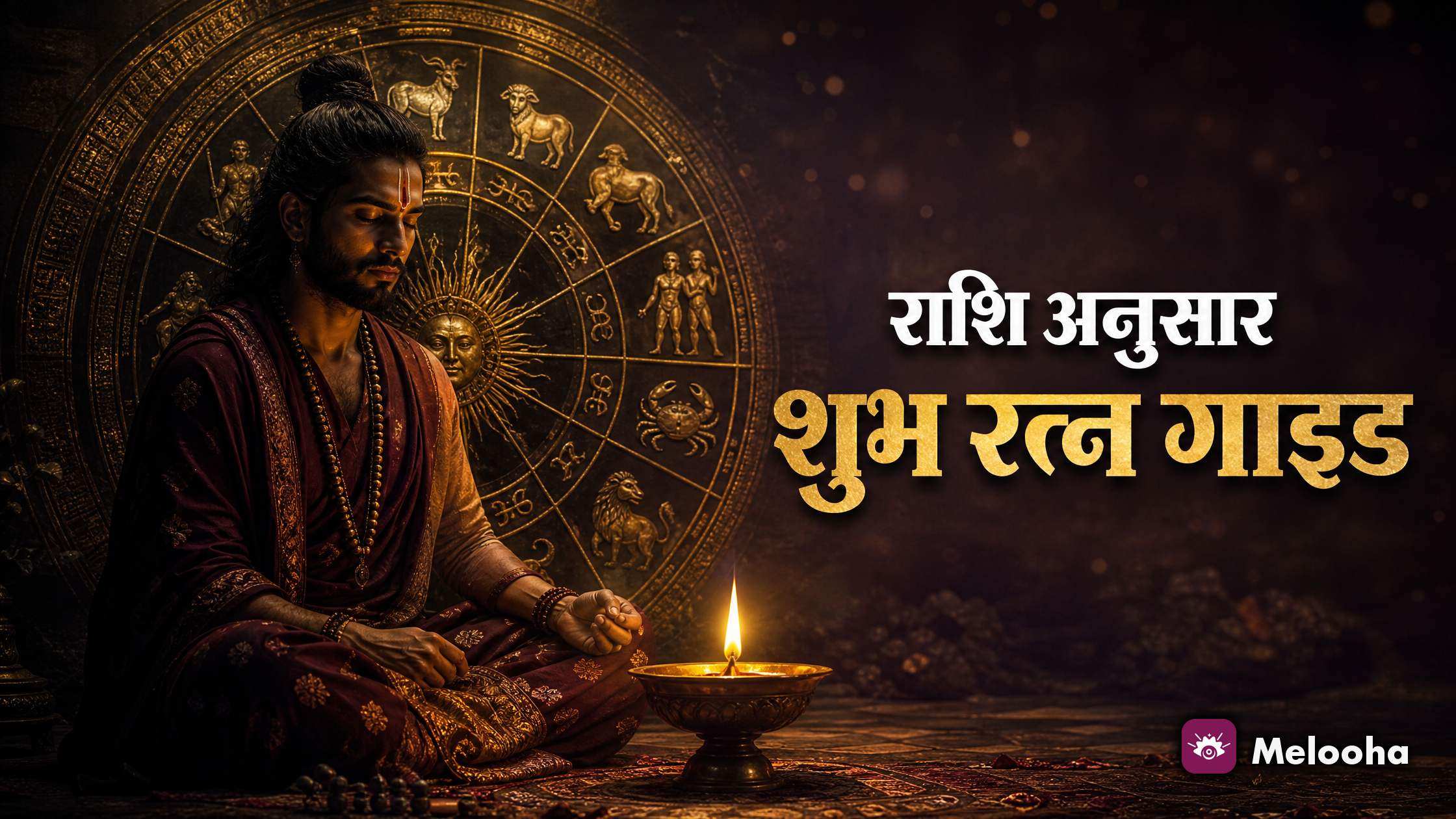 बारह राशियों के रंग-बिरंगे रत्न एक गोल थाली में सजे हुए, बीच में दीपक जलता हुआ